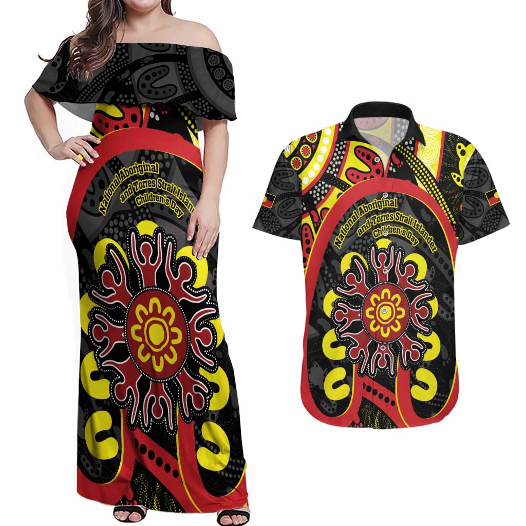 Australia Indigenous Children's Day Couples Matching Off Shoulder Maxi Dress and Hawaiian Shirt Strong In Culture Stronger Together Aboriginal Art