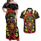 Australia Indigenous Children's Day Couples Matching Off Shoulder Maxi Dress and Hawaiian Shirt Strong In Culture Stronger Together Aboriginal Art