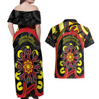 Australia Indigenous Children's Day Couples Matching Off Shoulder Maxi Dress and Hawaiian Shirt Strong In Culture Stronger Together Aboriginal Art