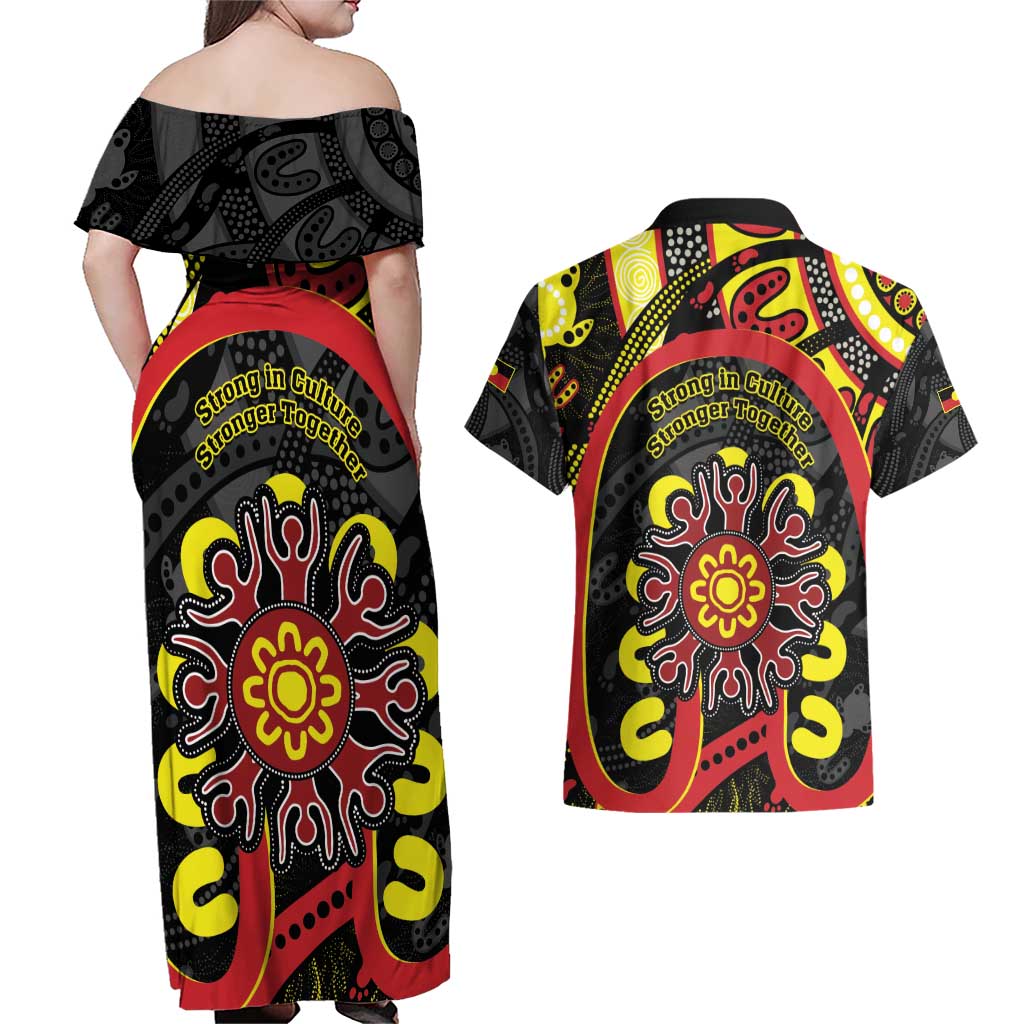 Australia Indigenous Children's Day Couples Matching Off Shoulder Maxi Dress and Hawaiian Shirt Strong In Culture Stronger Together Aboriginal Art