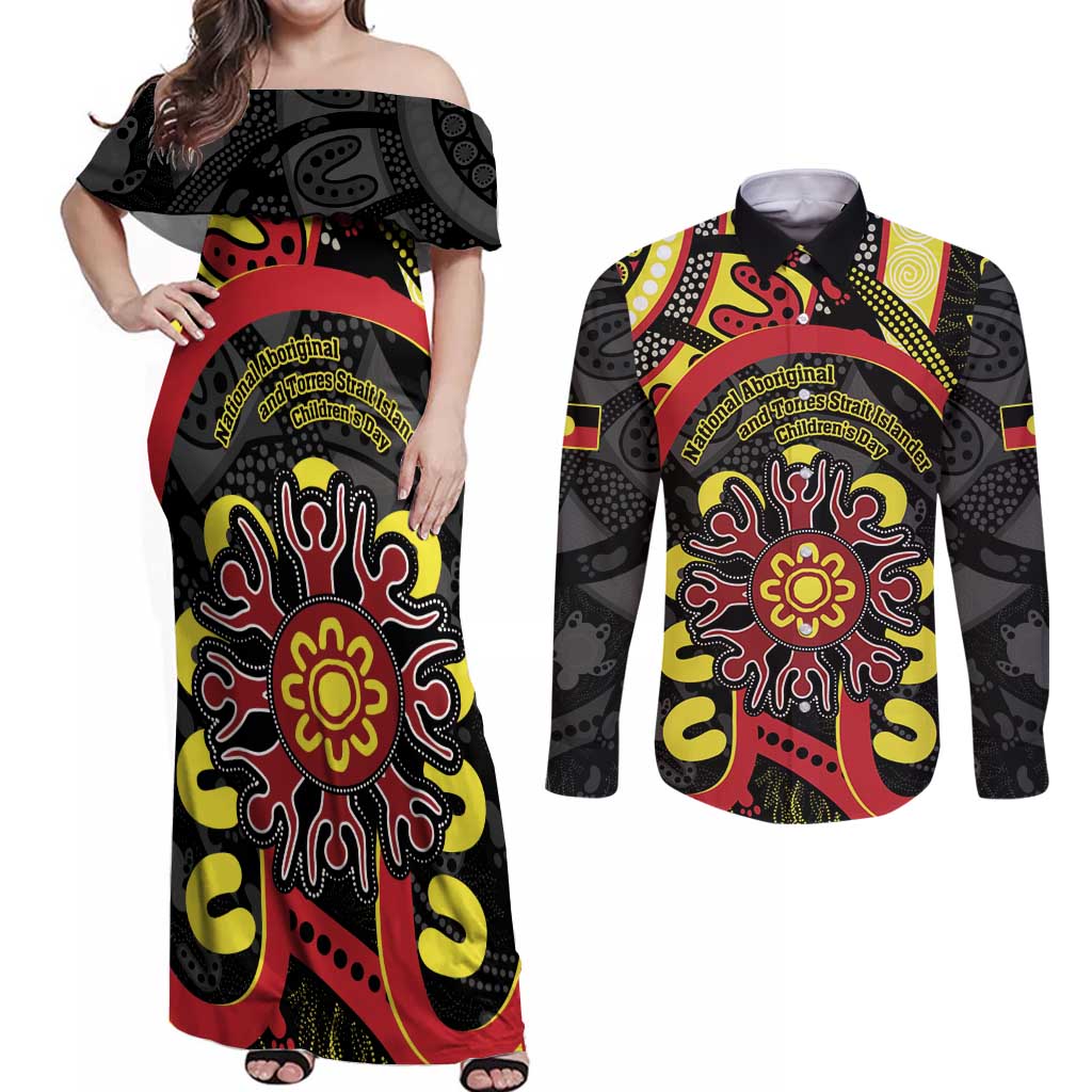 Australia Indigenous Children's Day Couples Matching Off Shoulder Maxi Dress and Long Sleeve Button Shirt Strong In Culture Stronger Together Aboriginal Art