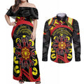 Australia Indigenous Children's Day Couples Matching Off Shoulder Maxi Dress and Long Sleeve Button Shirt Strong In Culture Stronger Together Aboriginal Art