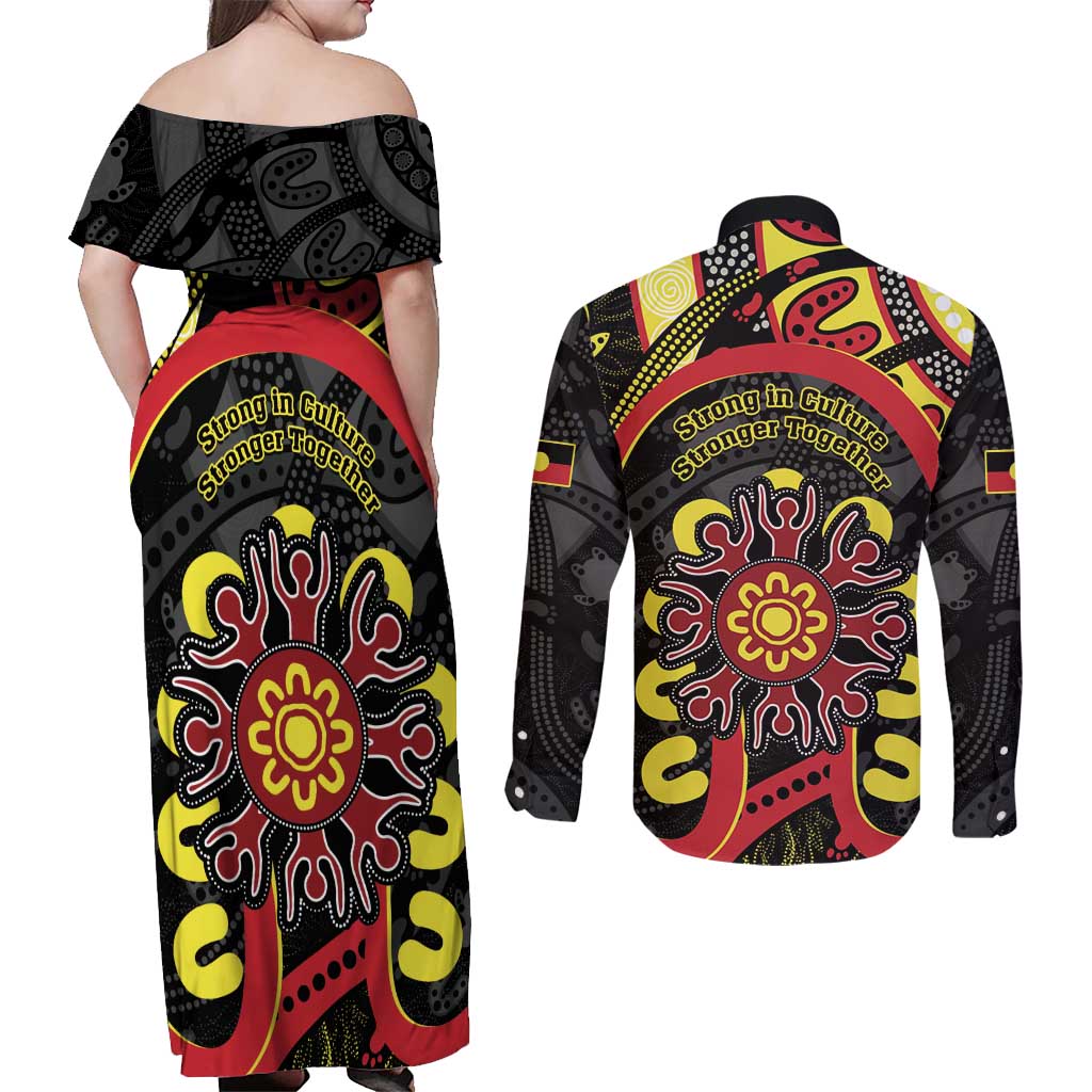 Australia Indigenous Children's Day Couples Matching Off Shoulder Maxi Dress and Long Sleeve Button Shirt Strong In Culture Stronger Together Aboriginal Art