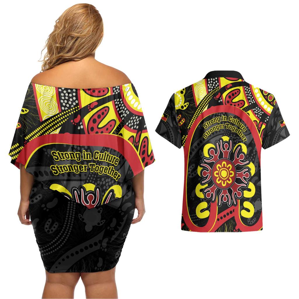Australia Indigenous Children's Day Couples Matching Off Shoulder Short Dress and Hawaiian Shirt Strong In Culture Stronger Together Aboriginal Art