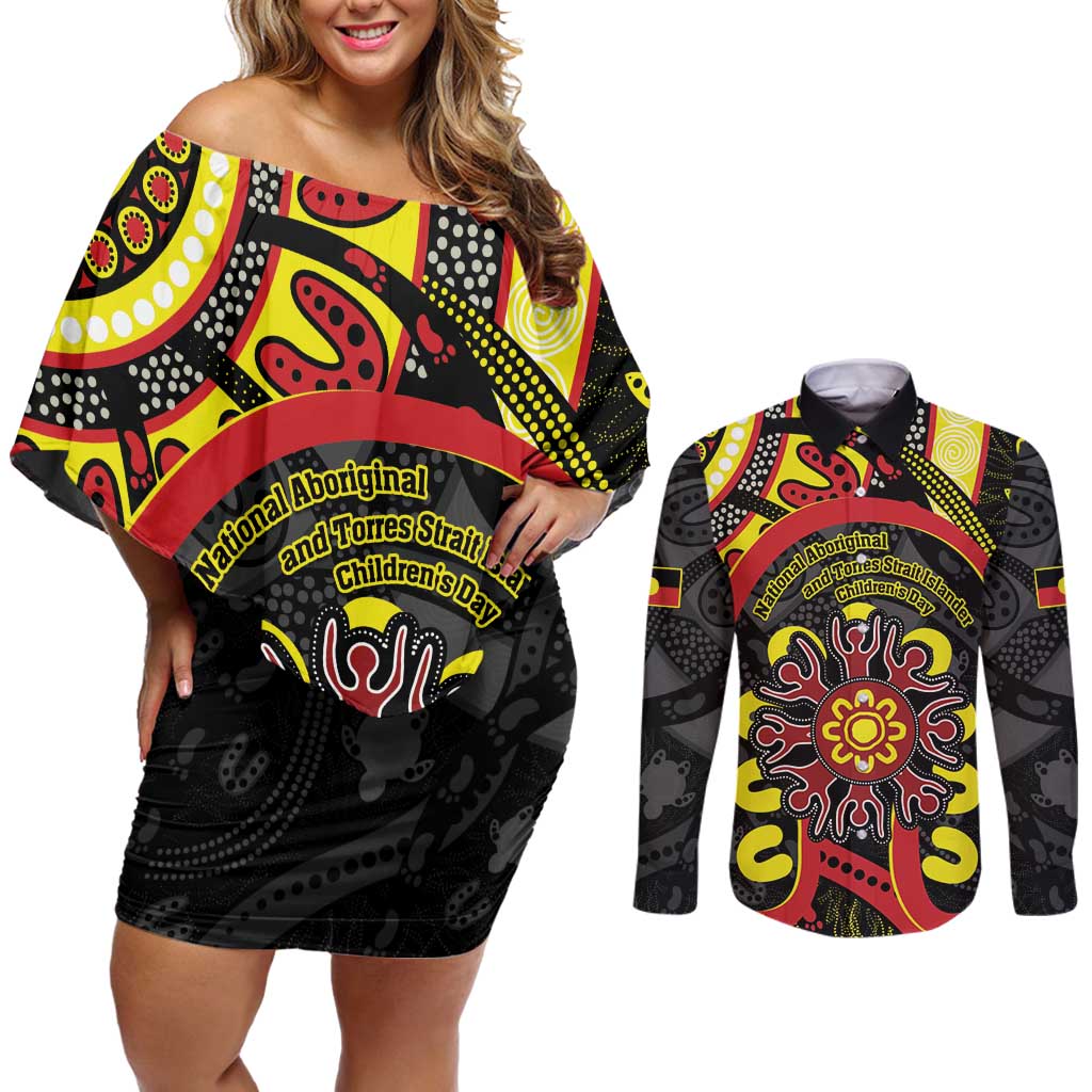 Australia Indigenous Children's Day Couples Matching Off Shoulder Short Dress and Long Sleeve Button Shirt Strong In Culture Stronger Together Aboriginal Art