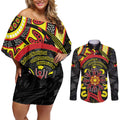 Australia Indigenous Children's Day Couples Matching Off Shoulder Short Dress and Long Sleeve Button Shirt Strong In Culture Stronger Together Aboriginal Art