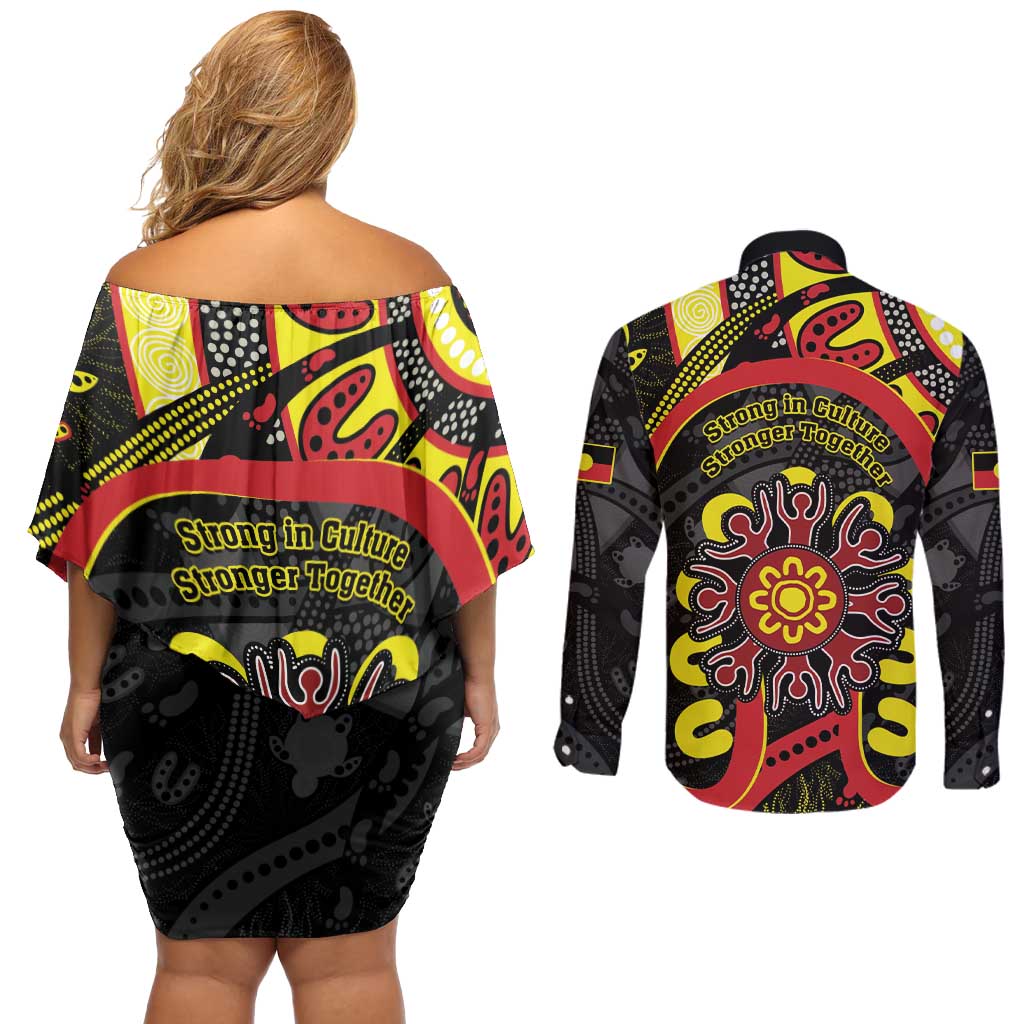 Australia Indigenous Children's Day Couples Matching Off Shoulder Short Dress and Long Sleeve Button Shirt Strong In Culture Stronger Together Aboriginal Art