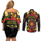 Australia Indigenous Children's Day Couples Matching Off Shoulder Short Dress and Long Sleeve Button Shirt Strong In Culture Stronger Together Aboriginal Art