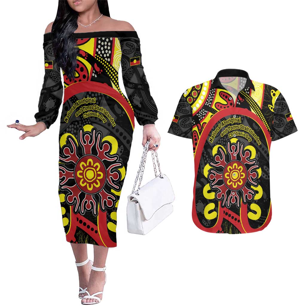 Australia Indigenous Children's Day Couples Matching Off The Shoulder Long Sleeve Dress and Hawaiian Shirt Strong In Culture Stronger Together Aboriginal Art