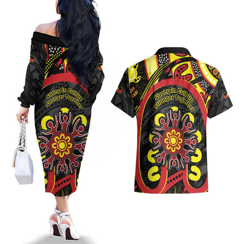Australia Indigenous Children's Day Couples Matching Off The Shoulder Long Sleeve Dress and Hawaiian Shirt Strong In Culture Stronger Together Aboriginal Art