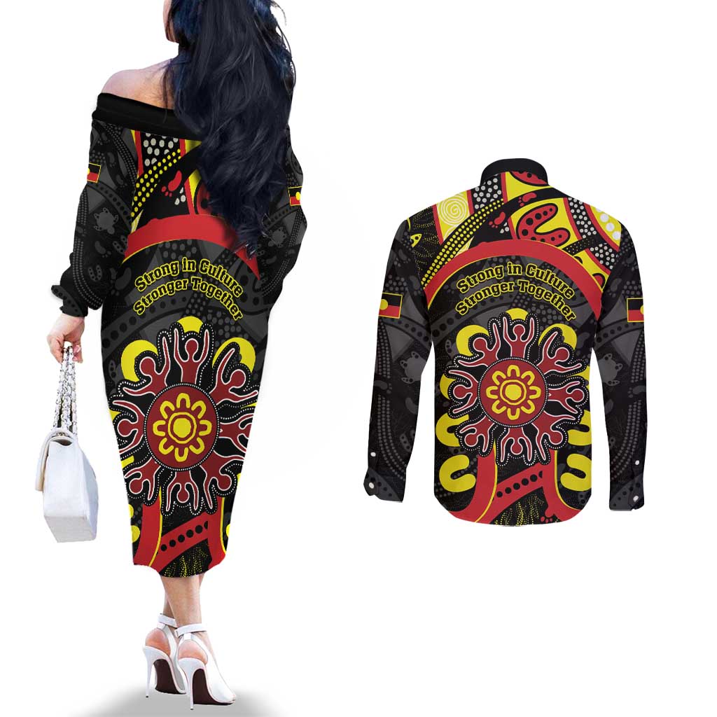 Australia Indigenous Children's Day Couples Matching Off The Shoulder Long Sleeve Dress and Long Sleeve Button Shirt Strong In Culture Stronger Together Aboriginal Art