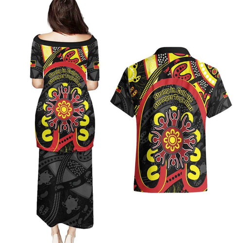 Australia Indigenous Children's Day Couples Matching Puletasi and Hawaiian Shirt Strong In Culture Stronger Together Aboriginal Art