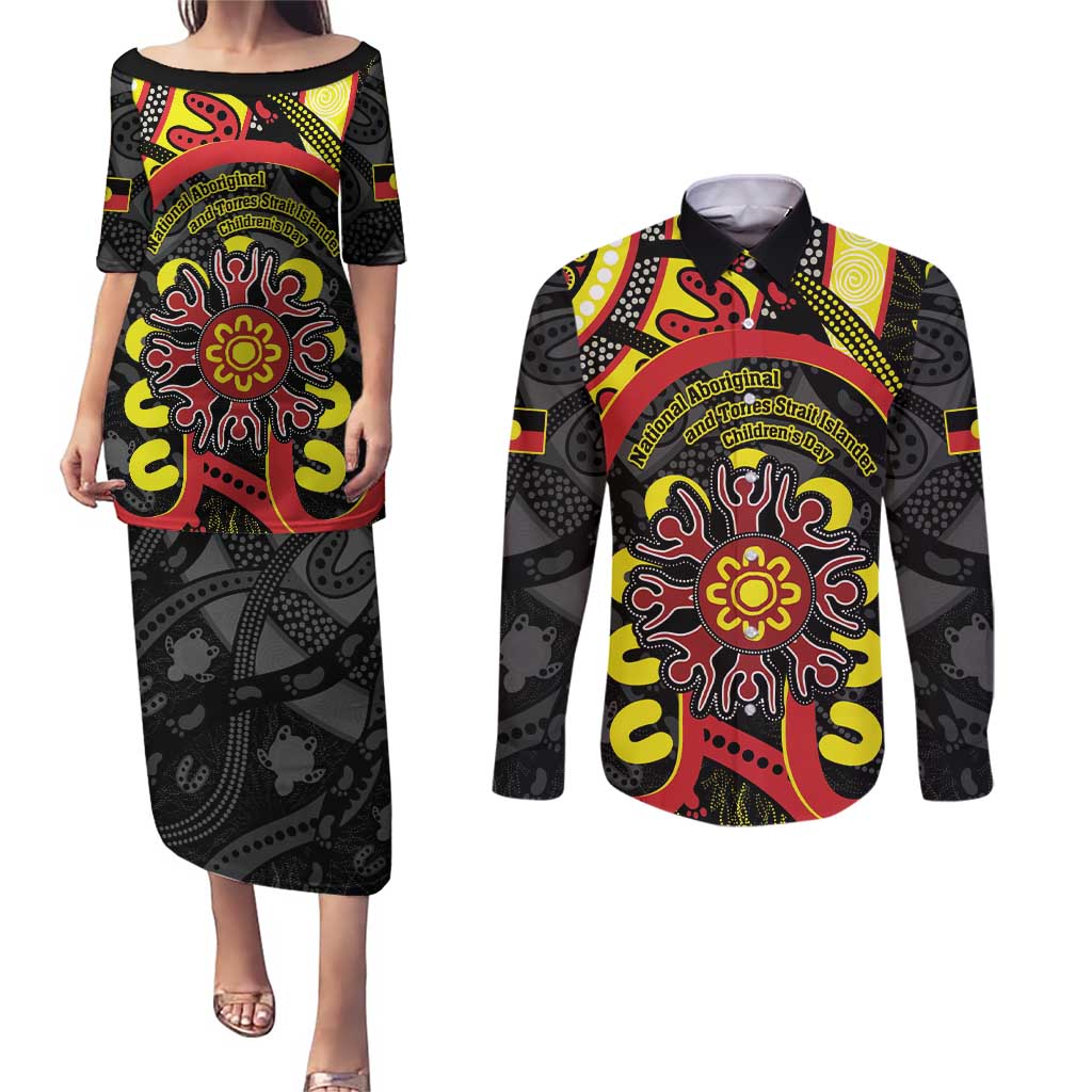 Australia Indigenous Children's Day Couples Matching Puletasi and Long Sleeve Button Shirt Strong In Culture Stronger Together Aboriginal Art