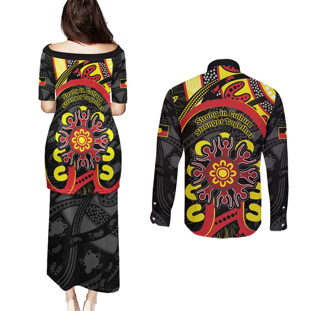 Australia Indigenous Children's Day Couples Matching Puletasi and Long Sleeve Button Shirt Strong In Culture Stronger Together Aboriginal Art