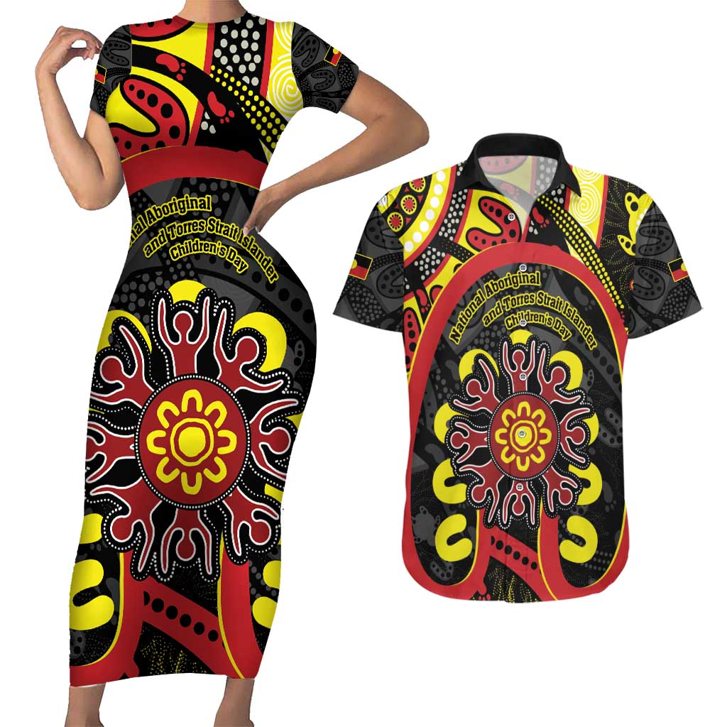 Australia Indigenous Children's Day Couples Matching Short Sleeve Bodycon Dress and Hawaiian Shirt Strong In Culture Stronger Together Aboriginal Art