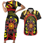 Australia Indigenous Children's Day Couples Matching Short Sleeve Bodycon Dress and Hawaiian Shirt Strong In Culture Stronger Together Aboriginal Art