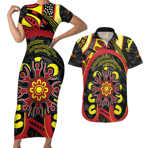 Australia Indigenous Children's Day Couples Matching Short Sleeve Bodycon Dress and Hawaiian Shirt Strong In Culture Stronger Together Aboriginal Art