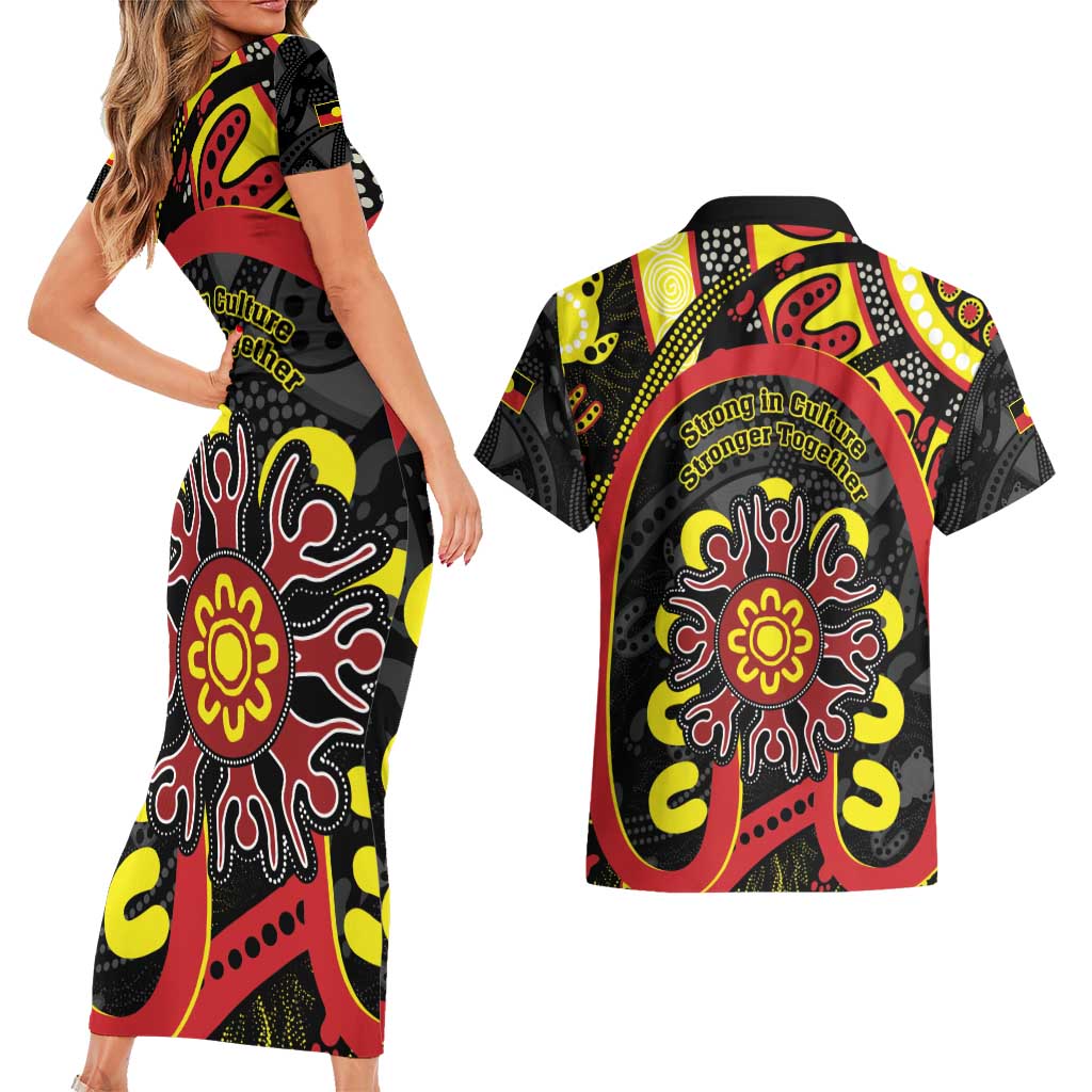 Australia Indigenous Children's Day Couples Matching Short Sleeve Bodycon Dress and Hawaiian Shirt Strong In Culture Stronger Together Aboriginal Art