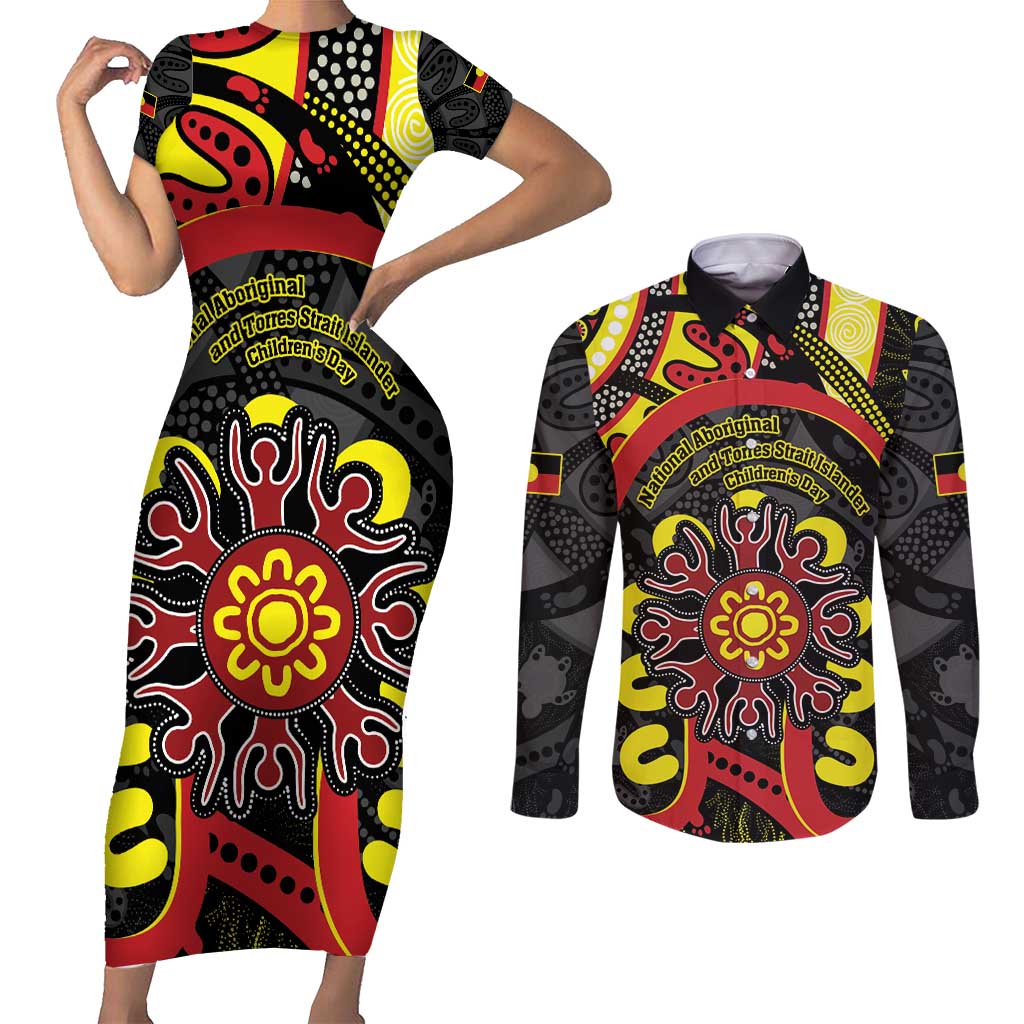 Australia Indigenous Children's Day Couples Matching Short Sleeve Bodycon Dress and Long Sleeve Button Shirt Strong In Culture Stronger Together Aboriginal Art