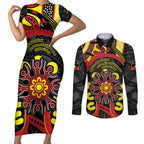 Australia Indigenous Children's Day Couples Matching Short Sleeve Bodycon Dress and Long Sleeve Button Shirt Strong In Culture Stronger Together Aboriginal Art