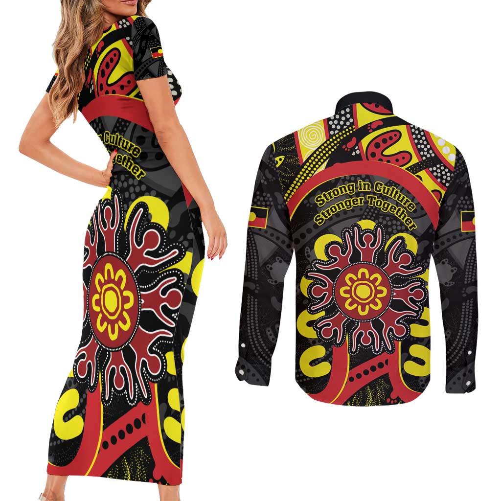 Australia Indigenous Children's Day Couples Matching Short Sleeve Bodycon Dress and Long Sleeve Button Shirt Strong In Culture Stronger Together Aboriginal Art