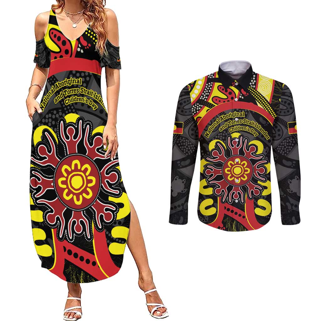 Australia Indigenous Children's Day Couples Matching Summer Maxi Dress and Long Sleeve Button Shirt Strong In Culture Stronger Together Aboriginal Art
