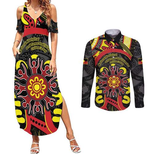 Australia Indigenous Children's Day Couples Matching Summer Maxi Dress and Long Sleeve Button Shirt Strong In Culture Stronger Together Aboriginal Art