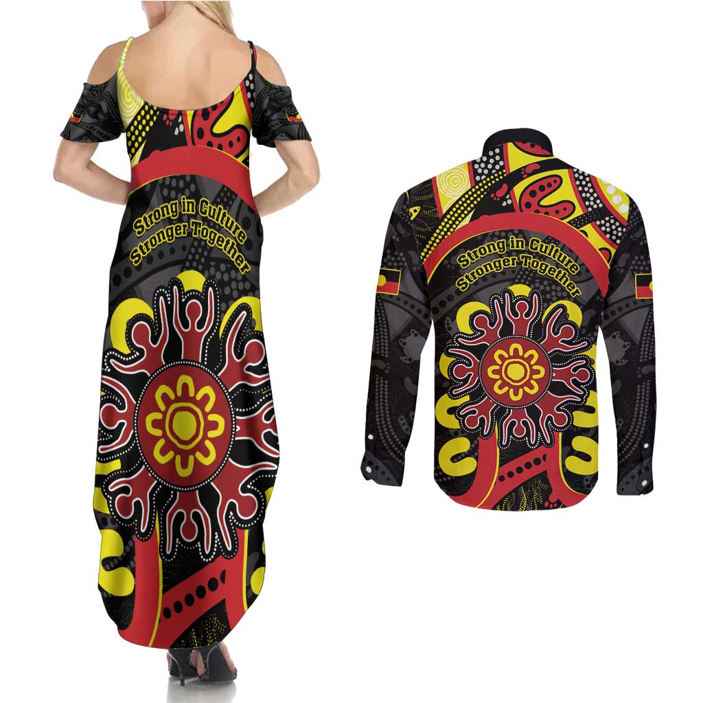 Australia Indigenous Children's Day Couples Matching Summer Maxi Dress and Long Sleeve Button Shirt Strong In Culture Stronger Together Aboriginal Art