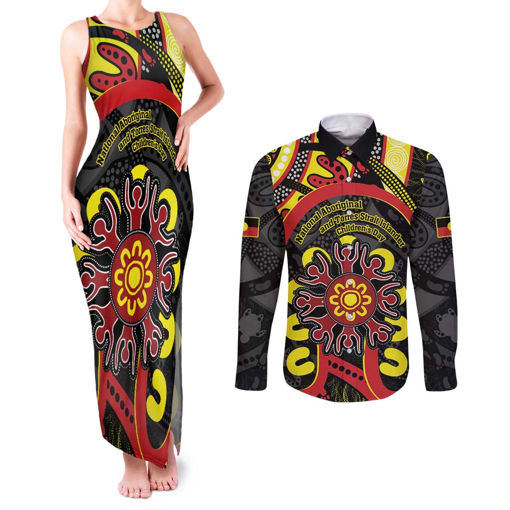 Australia Indigenous Children's Day Couples Matching Tank Maxi Dress and Long Sleeve Button Shirt Strong In Culture Stronger Together Aboriginal Art