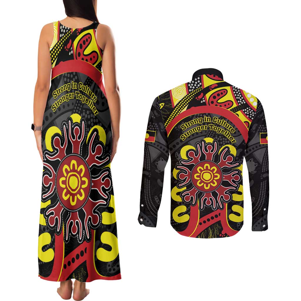 Australia Indigenous Children's Day Couples Matching Tank Maxi Dress and Long Sleeve Button Shirt Strong In Culture Stronger Together Aboriginal Art