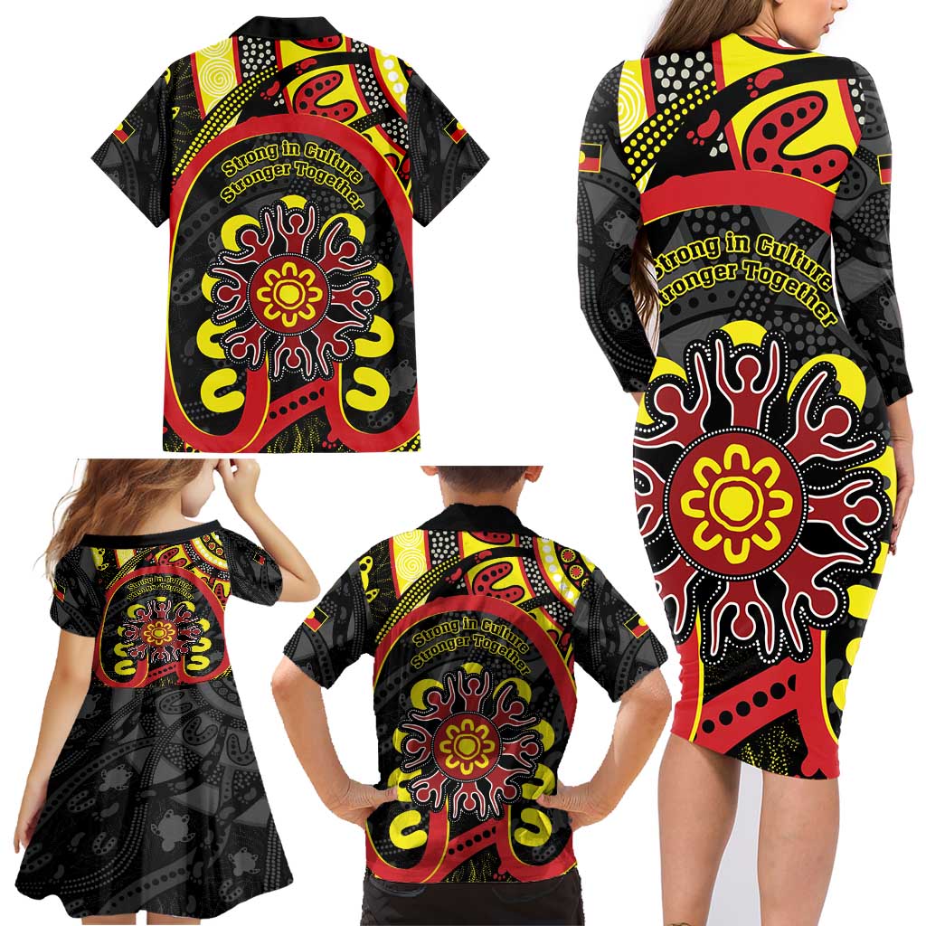 Australia Indigenous Children's Day Family Matching Long Sleeve Bodycon Dress and Hawaiian Shirt Strong In Culture Stronger Together Aboriginal Art