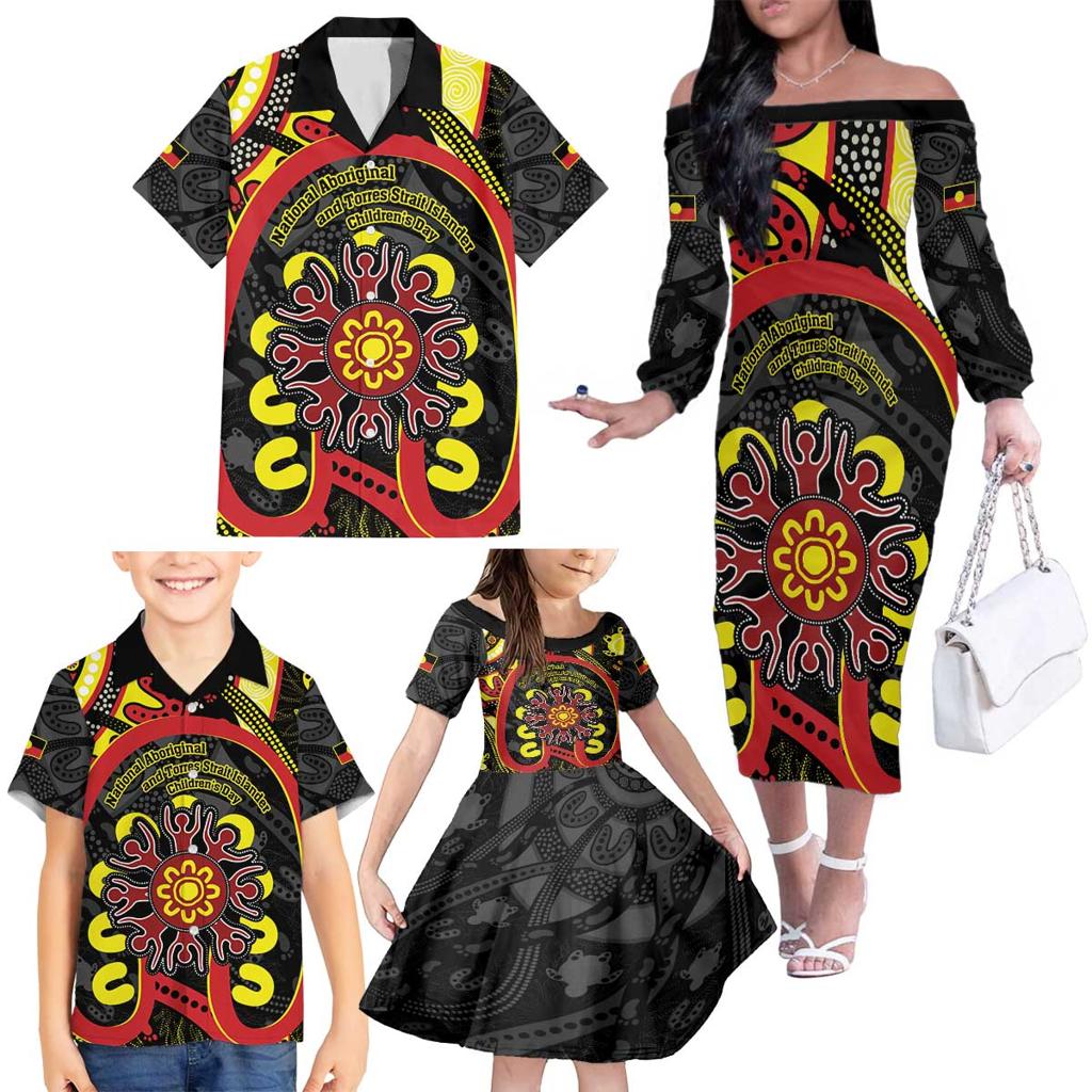 Australia Indigenous Children's Day Family Matching Off The Shoulder Long Sleeve Dress and Hawaiian Shirt Strong In Culture Stronger Together Aboriginal Art