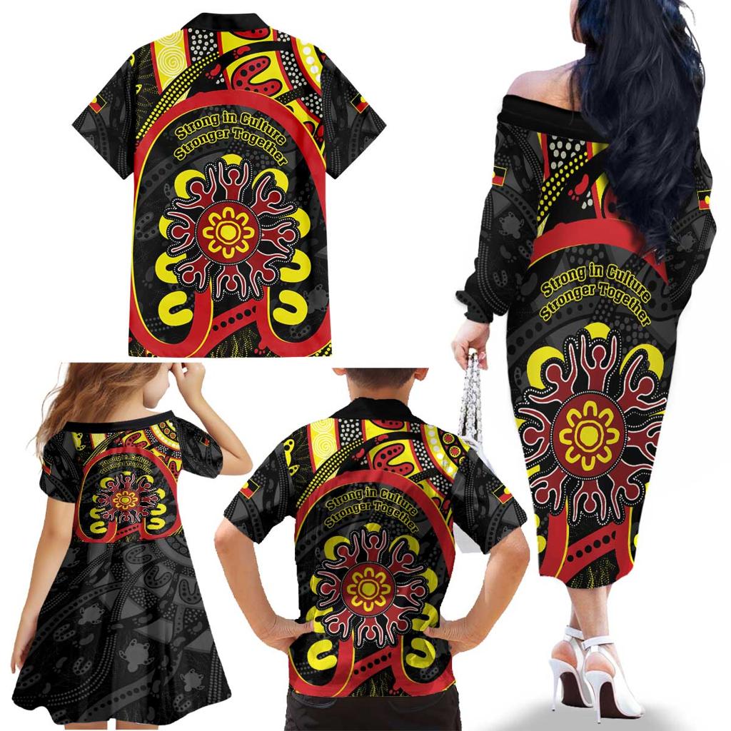 Australia Indigenous Children's Day Family Matching Off The Shoulder Long Sleeve Dress and Hawaiian Shirt Strong In Culture Stronger Together Aboriginal Art