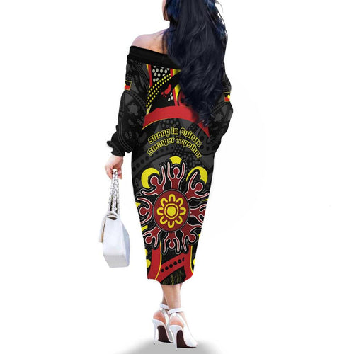 Australia Indigenous Children's Day Family Matching Off The Shoulder Long Sleeve Dress and Hawaiian Shirt Strong In Culture Stronger Together Aboriginal Art