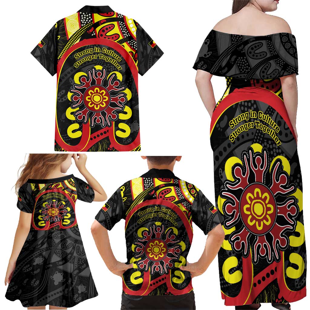 Australia Indigenous Children's Day Family Matching Off Shoulder Maxi Dress and Hawaiian Shirt Strong In Culture Stronger Together Aboriginal Art