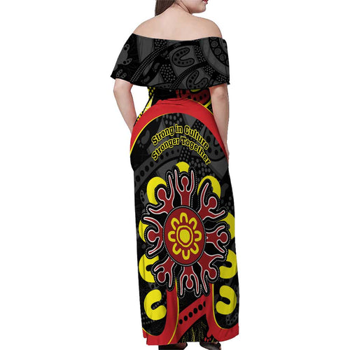 Australia Indigenous Children's Day Family Matching Off Shoulder Maxi Dress and Hawaiian Shirt Strong In Culture Stronger Together Aboriginal Art