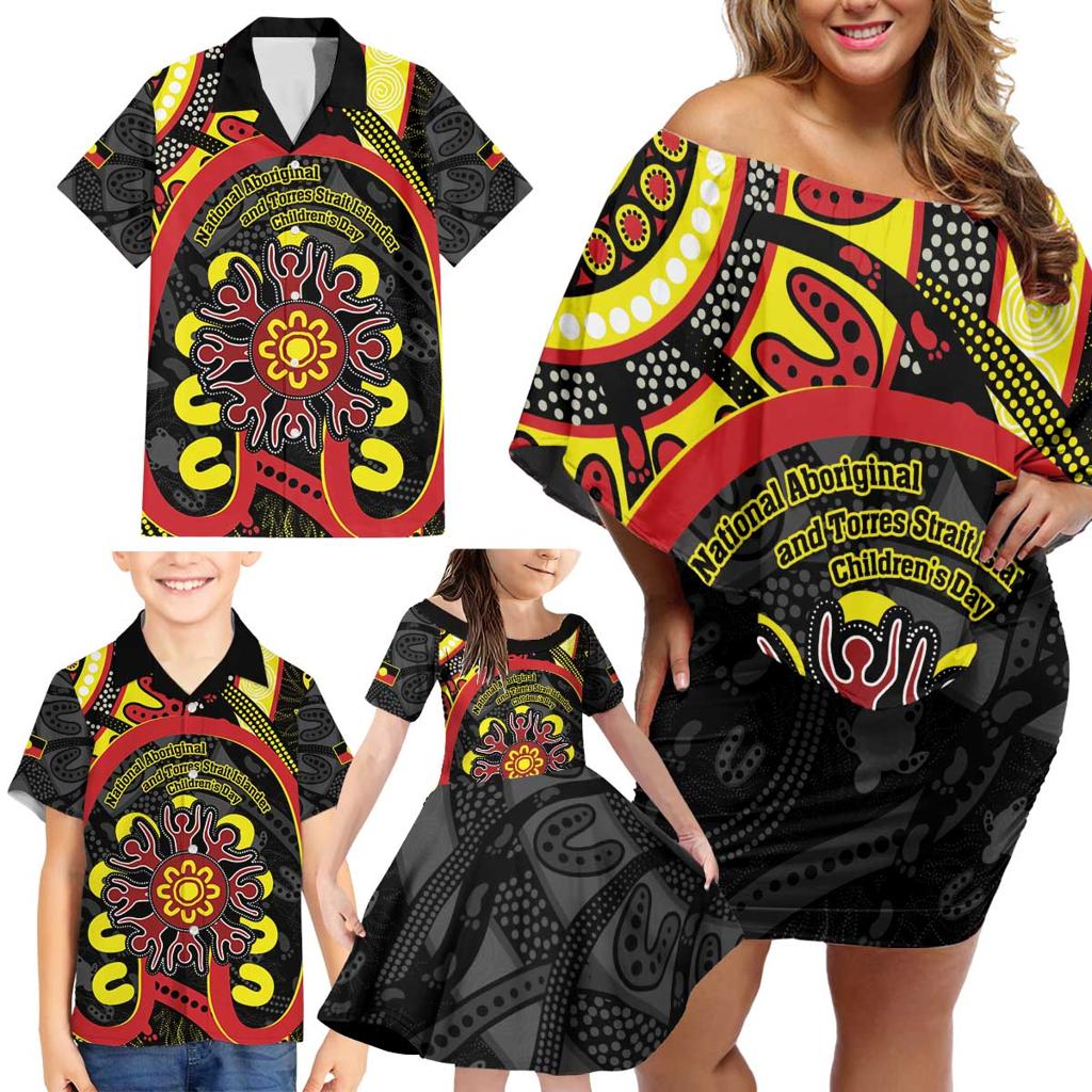 Australia Indigenous Children's Day Family Matching Off Shoulder Short Dress and Hawaiian Shirt Strong In Culture Stronger Together Aboriginal Art