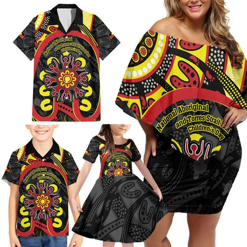 Australia Indigenous Children's Day Family Matching Off Shoulder Short Dress and Hawaiian Shirt Strong In Culture Stronger Together Aboriginal Art