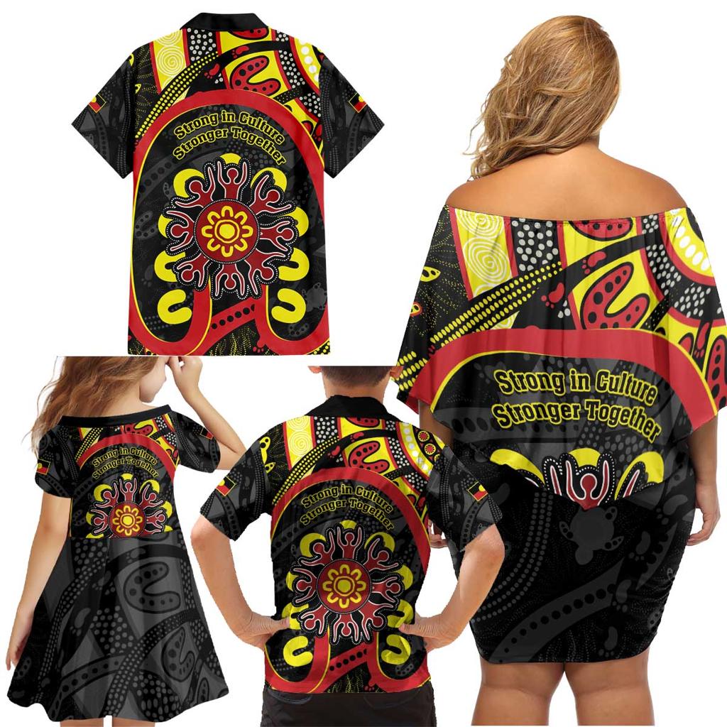 Australia Indigenous Children's Day Family Matching Off Shoulder Short Dress and Hawaiian Shirt Strong In Culture Stronger Together Aboriginal Art