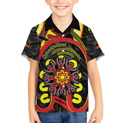 Australia Indigenous Children's Day Family Matching Off Shoulder Short Dress and Hawaiian Shirt Strong In Culture Stronger Together Aboriginal Art