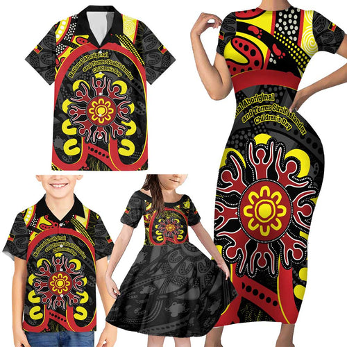 Australia Indigenous Children's Day Family Matching Short Sleeve Bodycon Dress and Hawaiian Shirt Strong In Culture Stronger Together Aboriginal Art