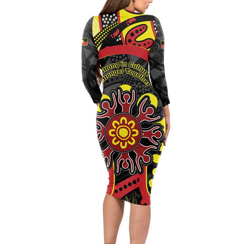 Australia Indigenous Children's Day Long Sleeve Bodycon Dress Strong In Culture Stronger Together Aboriginal Art