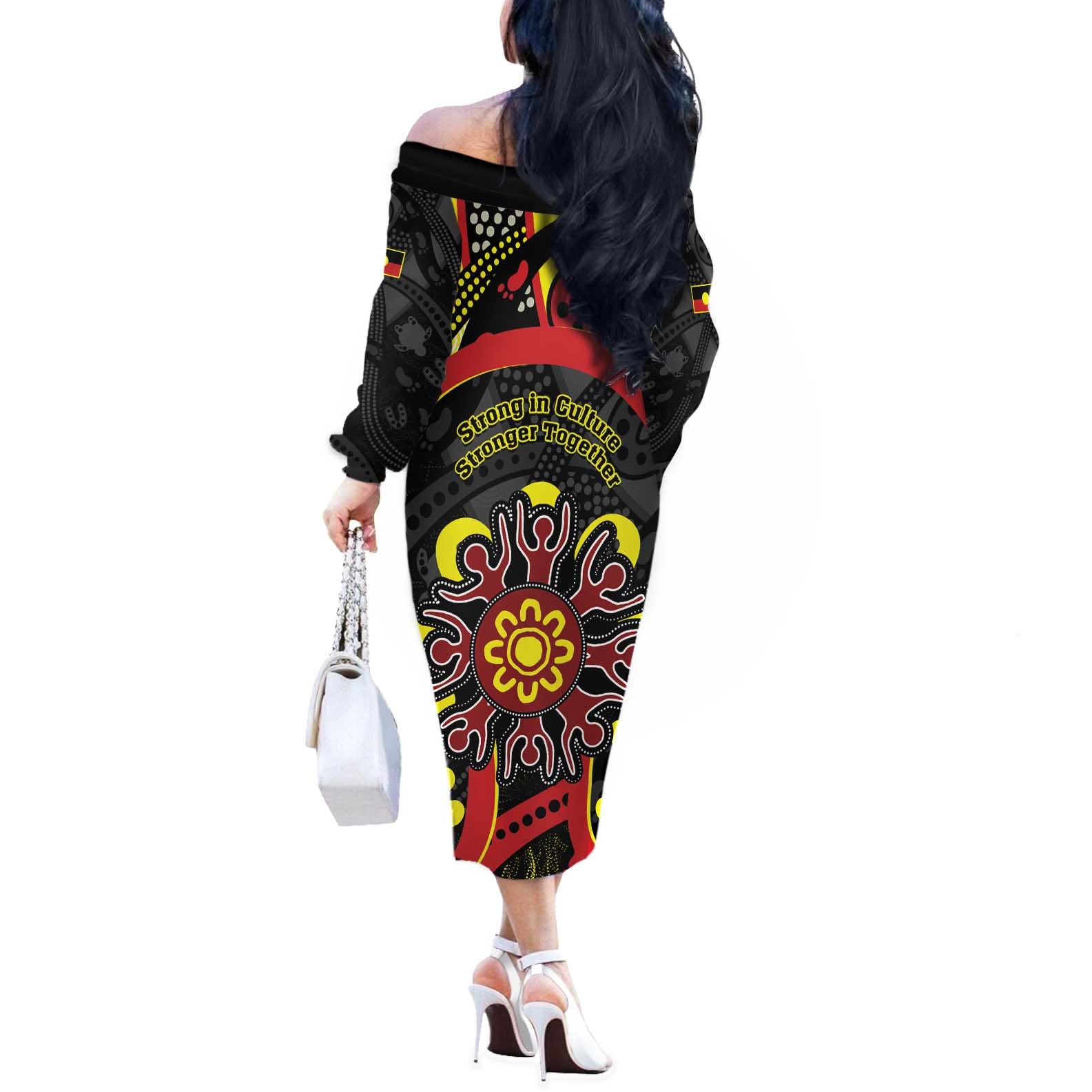 Australia Indigenous Children's Day Off The Shoulder Long Sleeve Dress Strong In Culture Stronger Together Aboriginal Art