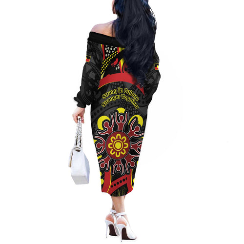 Australia Indigenous Children's Day Off The Shoulder Long Sleeve Dress Strong In Culture Stronger Together Aboriginal Art