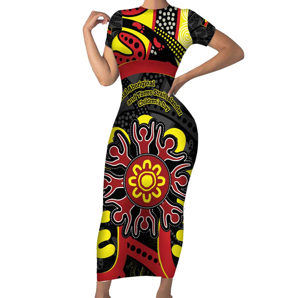 Australia Indigenous Children's Day Short Sleeve Bodycon Dress Strong In Culture Stronger Together Aboriginal Art