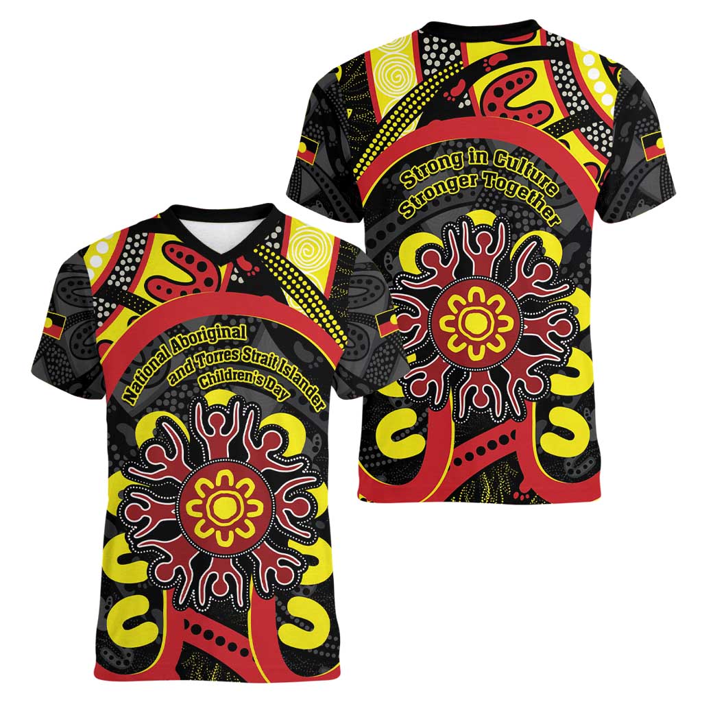 Australia Indigenous Children's Day Women V-Neck T-Shirt Strong In Culture Stronger Together Aboriginal Art