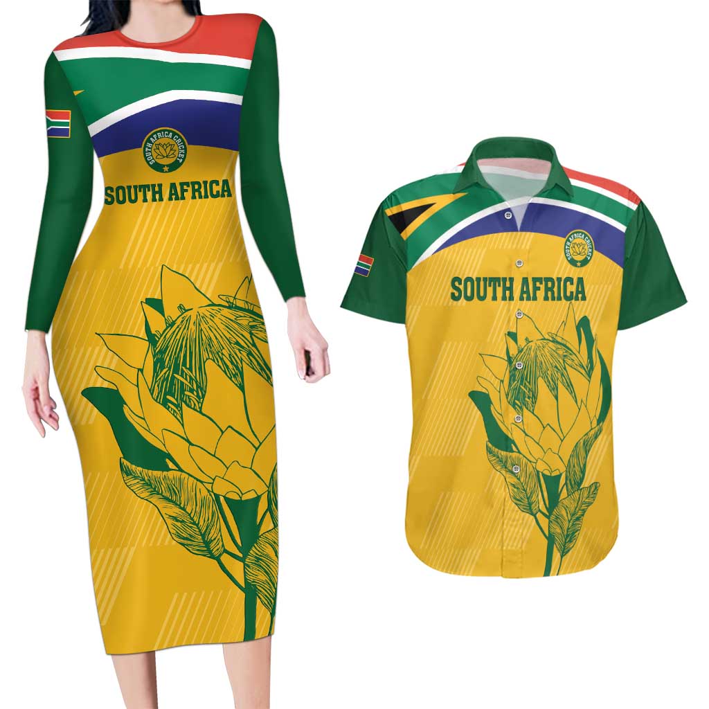 Custom South Africa Cricket Couples Matching Long Sleeve Bodycon Dress and Hawaiian Shirt Go Champions World Cup Proteas