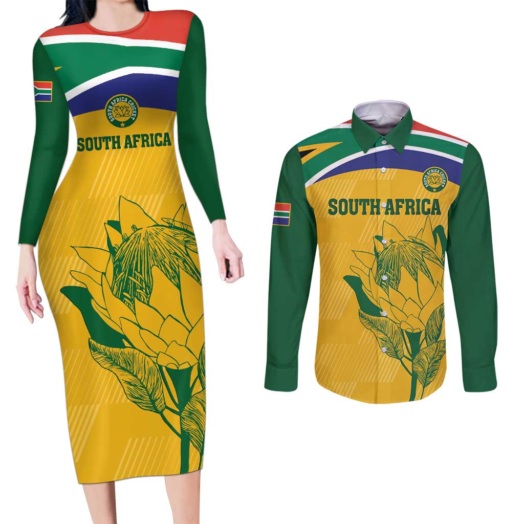 Custom South Africa Cricket Couples Matching Long Sleeve Bodycon Dress and Long Sleeve Button Shirt Go Champions World Cup Proteas