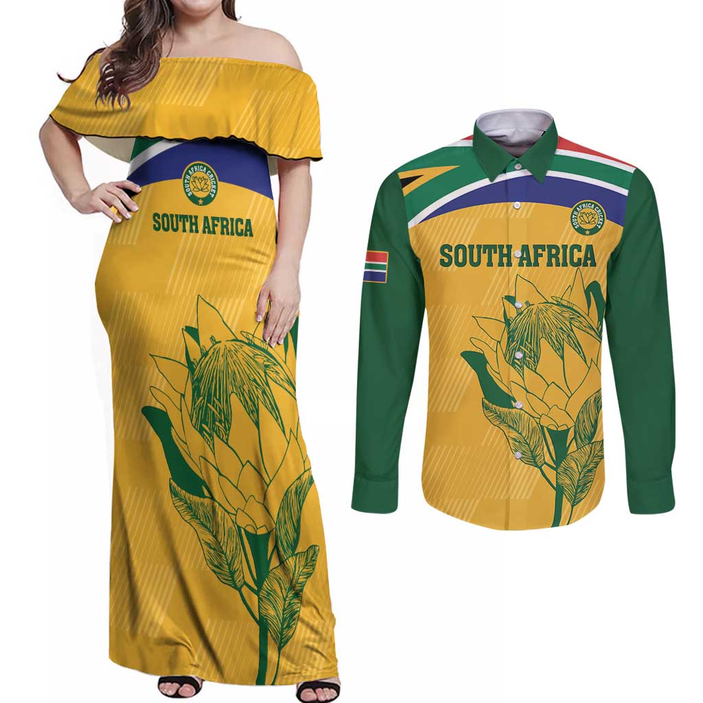 Custom South Africa Cricket Couples Matching Off Shoulder Maxi Dress and Long Sleeve Button Shirt Go Champions World Cup Proteas