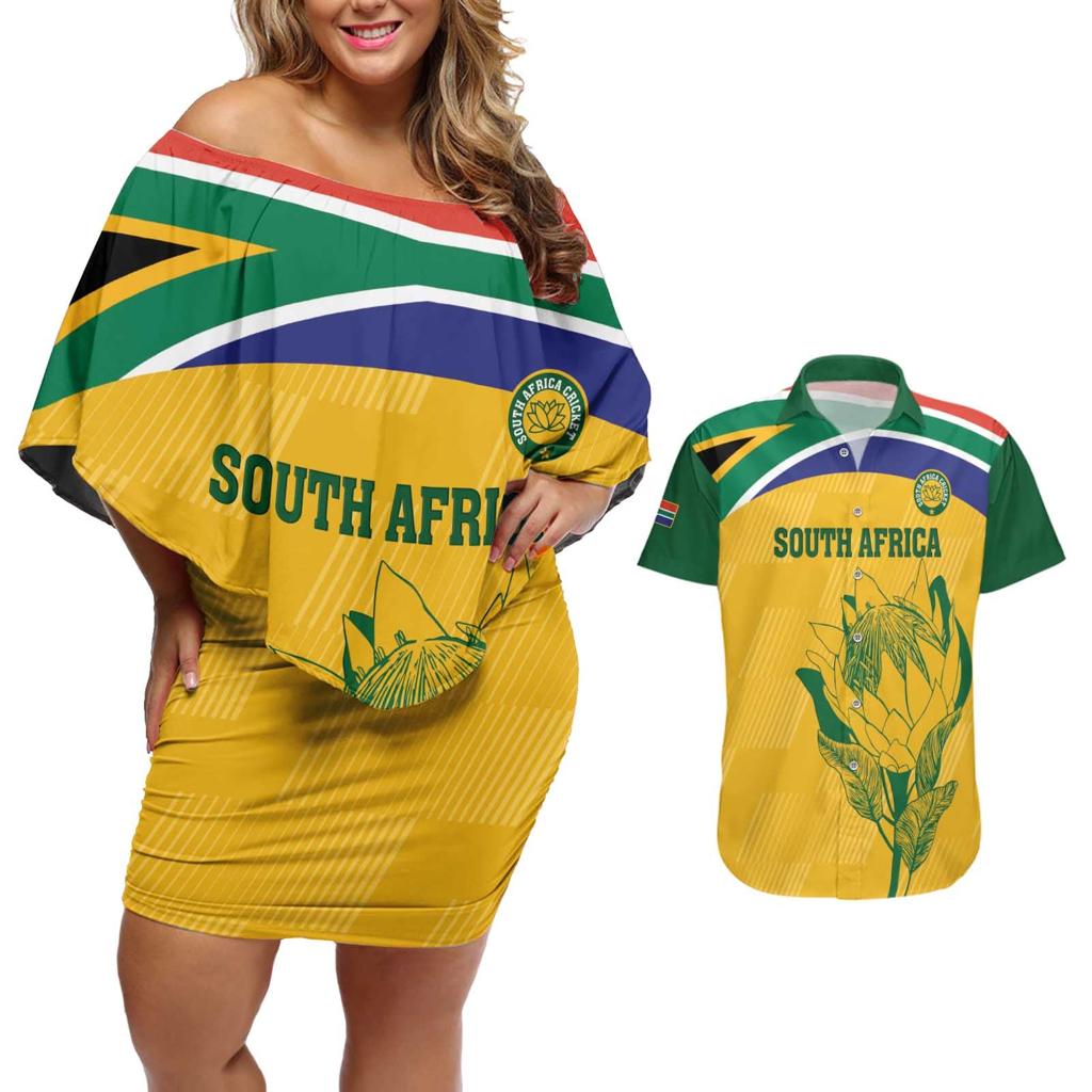 Custom South Africa Cricket Couples Matching Off Shoulder Short Dress and Hawaiian Shirt Go Champions World Cup Proteas